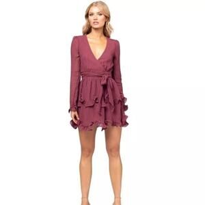 Saints+Secrets Women's Wine Ruffle V-Neck Long Sleeves Belted Mini Dress Size S